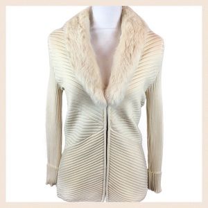 WR Cream Zip Silk Cardigan Faux Fur Collar Size M